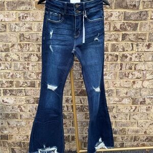 Mid-Rise Dark Blue Distressed Flare Jeans